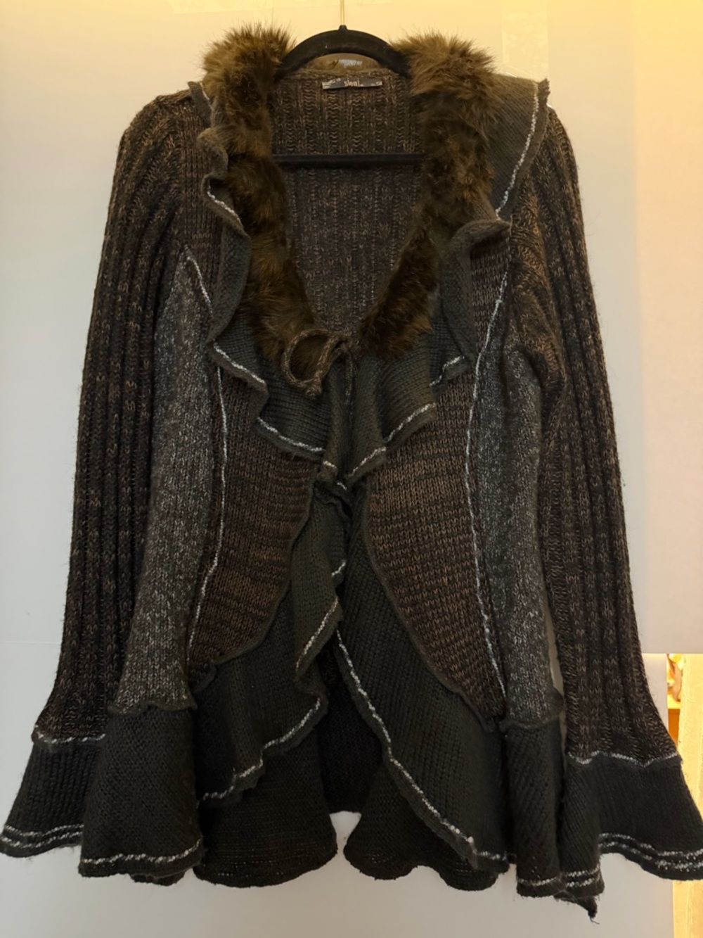 Skink Brown Faux-Fur Trim Ruffle Knit Cardigan Sweater